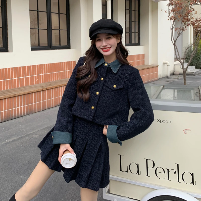 藏青色小香风套装裙女2024早秋新款小众设计感复古牛仔拼接两件套