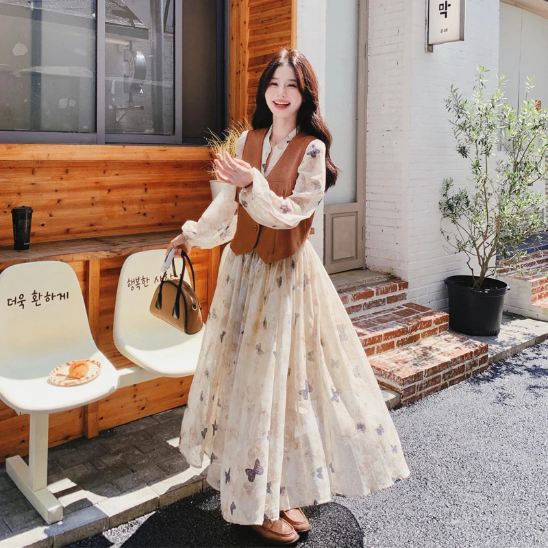 复古长裙套装女2025早春新款高级感麂皮绒马甲提花蝴蝶时尚两件套