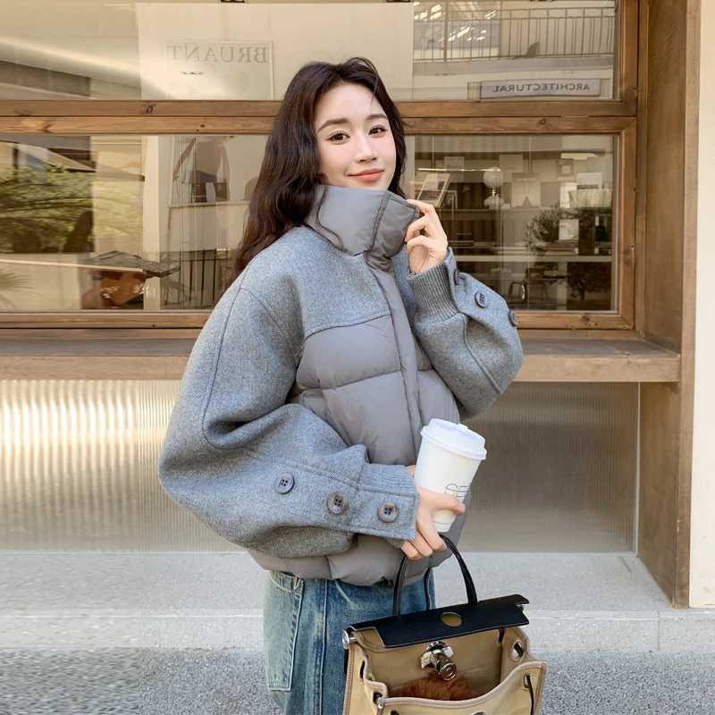 韩系设计感毛呢拼接羽绒服女2025冬季新款保暖氛围感穿搭立领外套