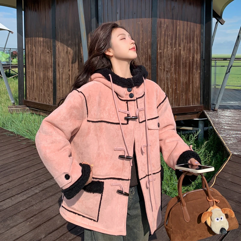 皮毛一体棉服外套女2024冬季新款韩系慵懒风加厚羊羔毛撞色机车服