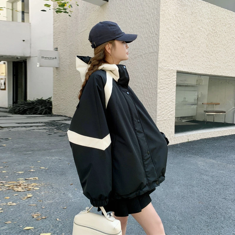 工装风冲锋衣羽绒服女2024冬季新款小众设计感撞色白鸭绒内胆外套