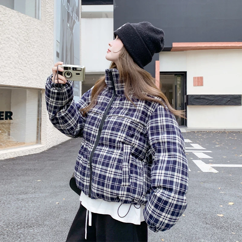 复古格纹保暖羽绒服女2024冬季新款韩系穿搭设计感学院风厚面包服