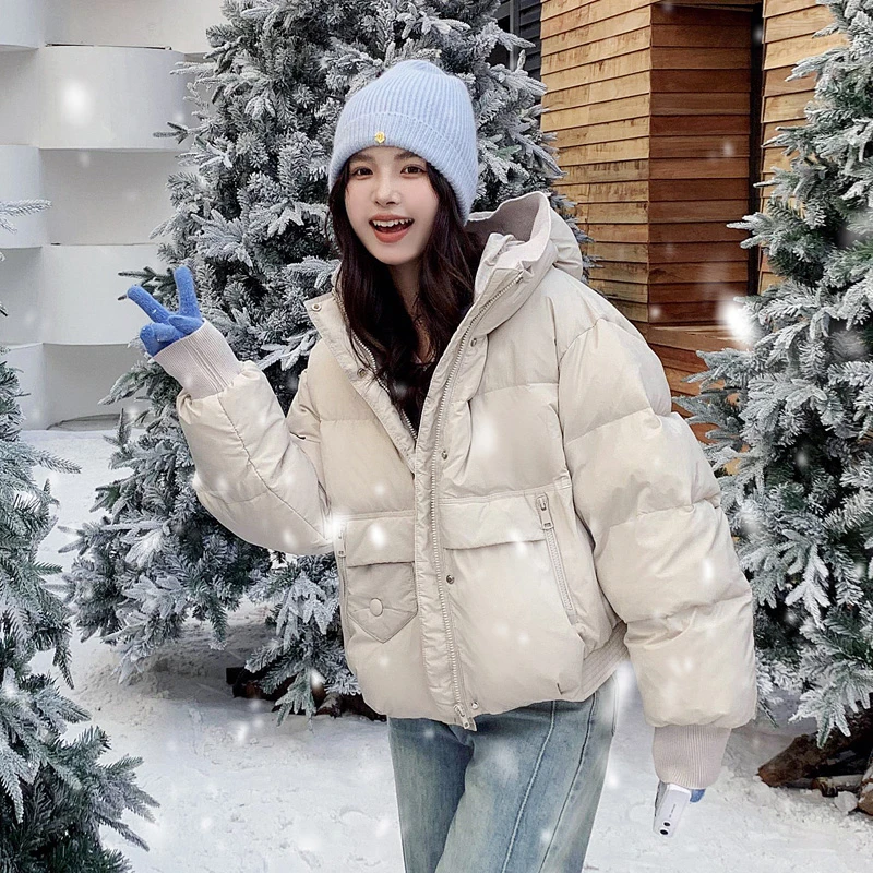 花苞连帽超好看米灰色短款羽绒服女冬季新款小个子减龄白鸭绒外套