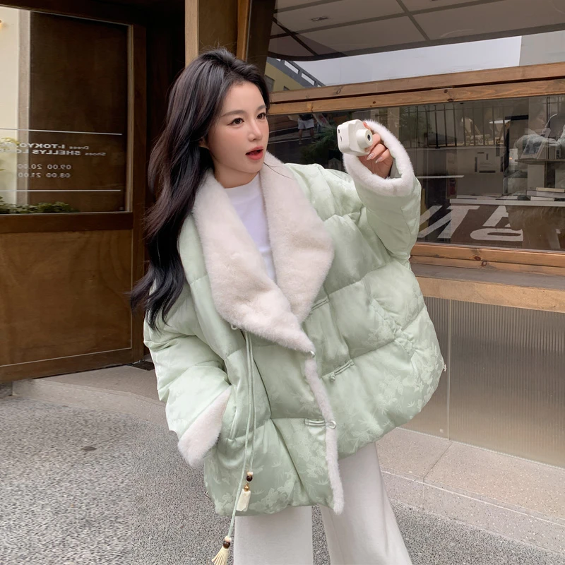 新中式提花水貂毛羽绒服2024冬季新款复古翻领国风盘扣白鸭绒外套