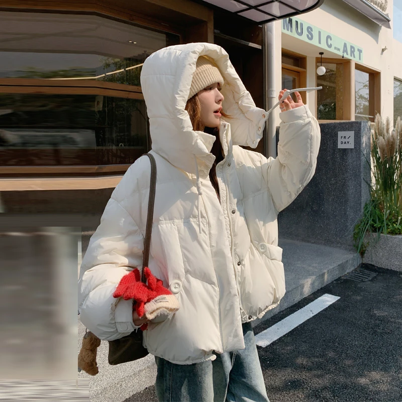 短款连帽羽绒服女2024冬季新款韩系穿搭温柔风小个子白鸭绒面包服