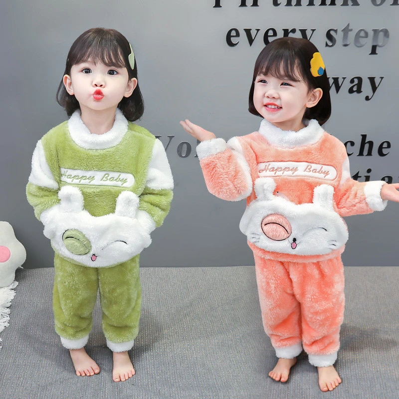 儿童睡衣法兰绒秋冬季女童珊瑚绒加厚保暖宝宝卡通洋气家居服套装