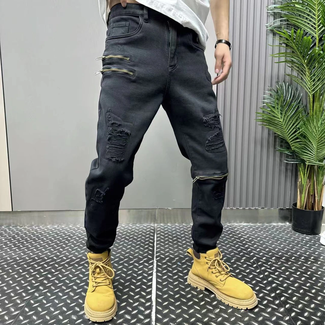 2024新款高端水洗黑重工艺破洞刮烂乞丐裤修身拉链小脚裤牛仔裤男