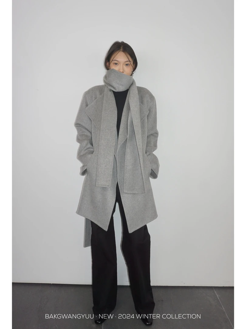 BAKGWANGYUU｜韩系小众设计围巾款灰色中长款双面毛呢大衣｜2437