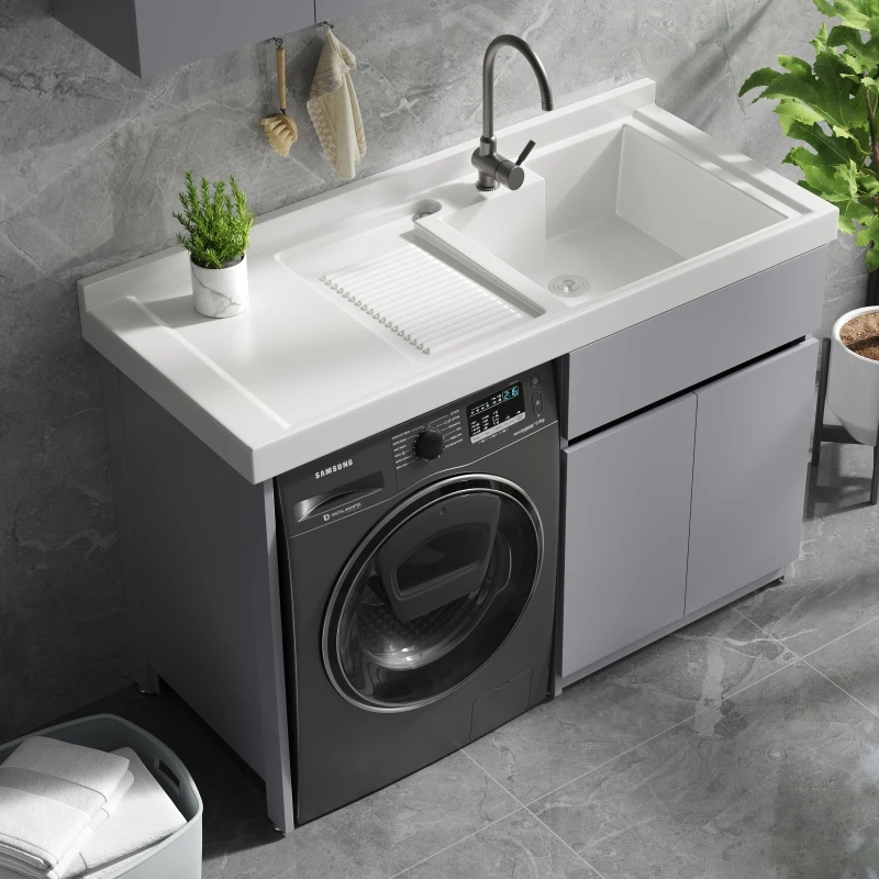 五代全铝蜂窝铝阳台洗衣机柜定制切角整板洗衣池搓板洗衣机一体柜