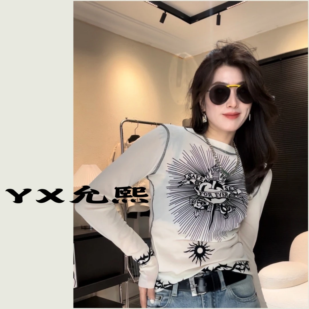 《允熙》小众百搭显瘦微透裸边明线植绒网纱打底长袖T恤