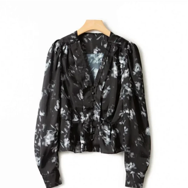 【小云总专享】法式水墨晕染V领收腰印花长袖上衣衬衫女CS22010