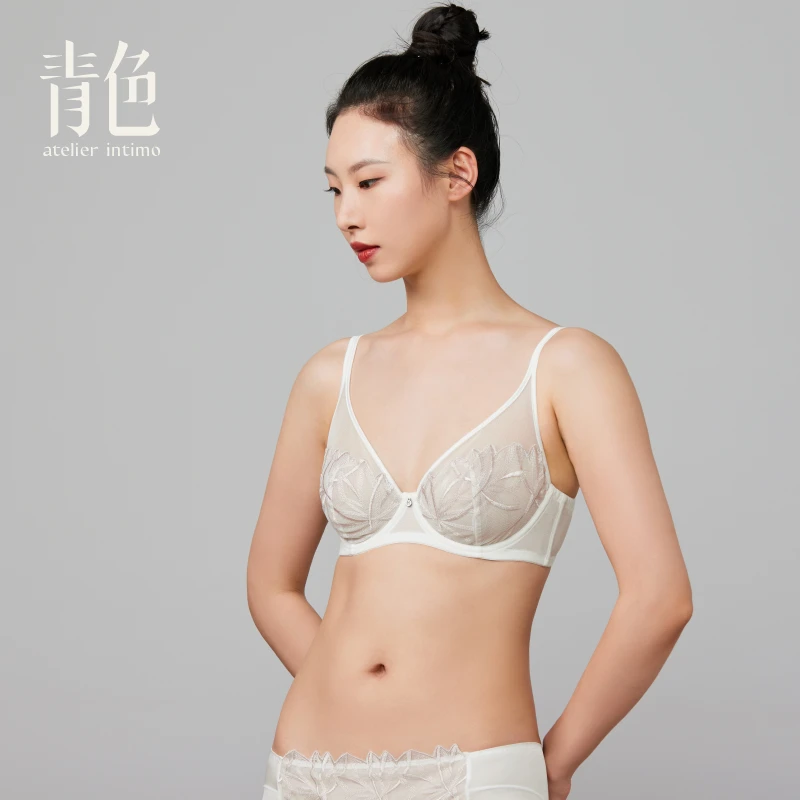 atelier intimo/青色【木槿全罩杯】刺绣 大胸显小薄款轻薄内衣女