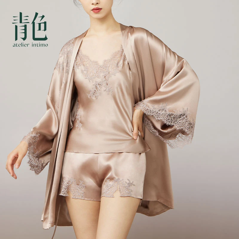 atelier intimo/青色【蔓延双层外袍】真丝手工蕾丝舒适睡袍家居服