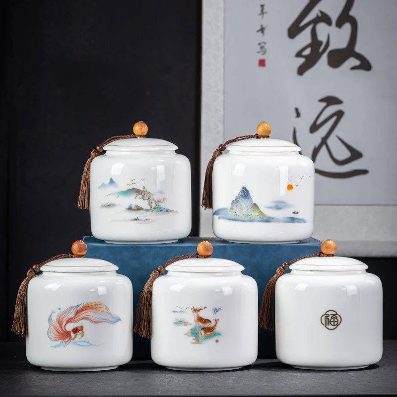 超大号羊脂玉陶瓷茶叶罐密封描金白瓷便携储茶罐防潮储物罐送礼盒