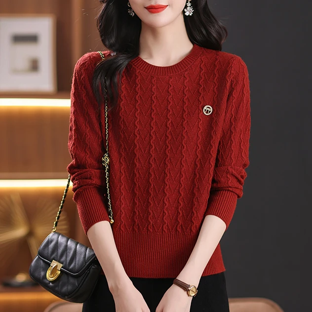 新款针织衫长袖安可拉红秋冬洋气圆领套头百搭显瘦妈妈装针织毛衣