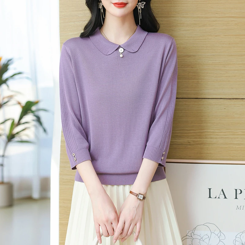 2024春季新款长袖针织衫百搭薄款宽松翻领毛衣洋气显瘦减龄妈妈装