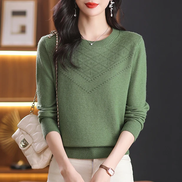 2024秋冬新款长袖针织衫套头春秋松百搭圆领洋气打底中年妈妈装