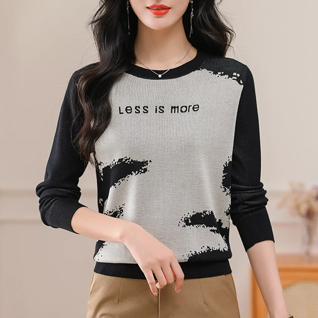 春季新款100%天丝长袖针织衫百搭宽松圆领套头洋气女装百搭妈妈装