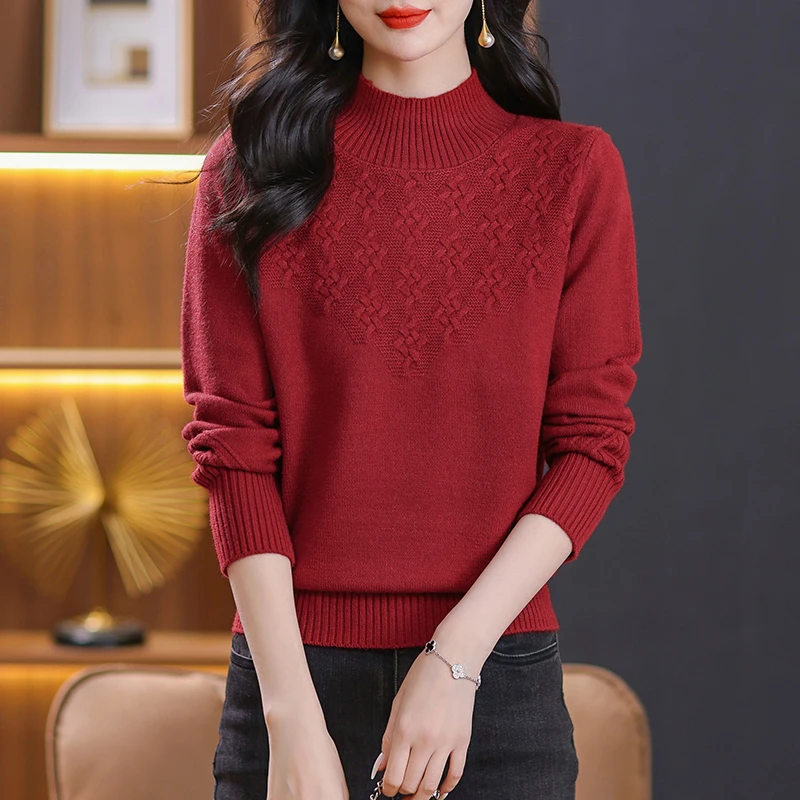 本命年中国红半高领短款提花羊毛衫时尚女装长袖针织百搭加厚宽松