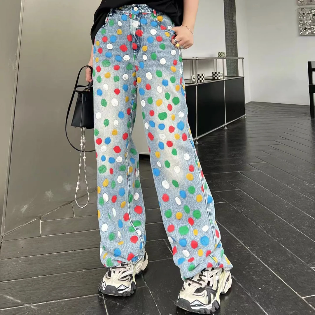 ZHUZHENFEI设计师原创潮牌涂鸦波点显瘦洋气直筒牛仔裤 Z332113