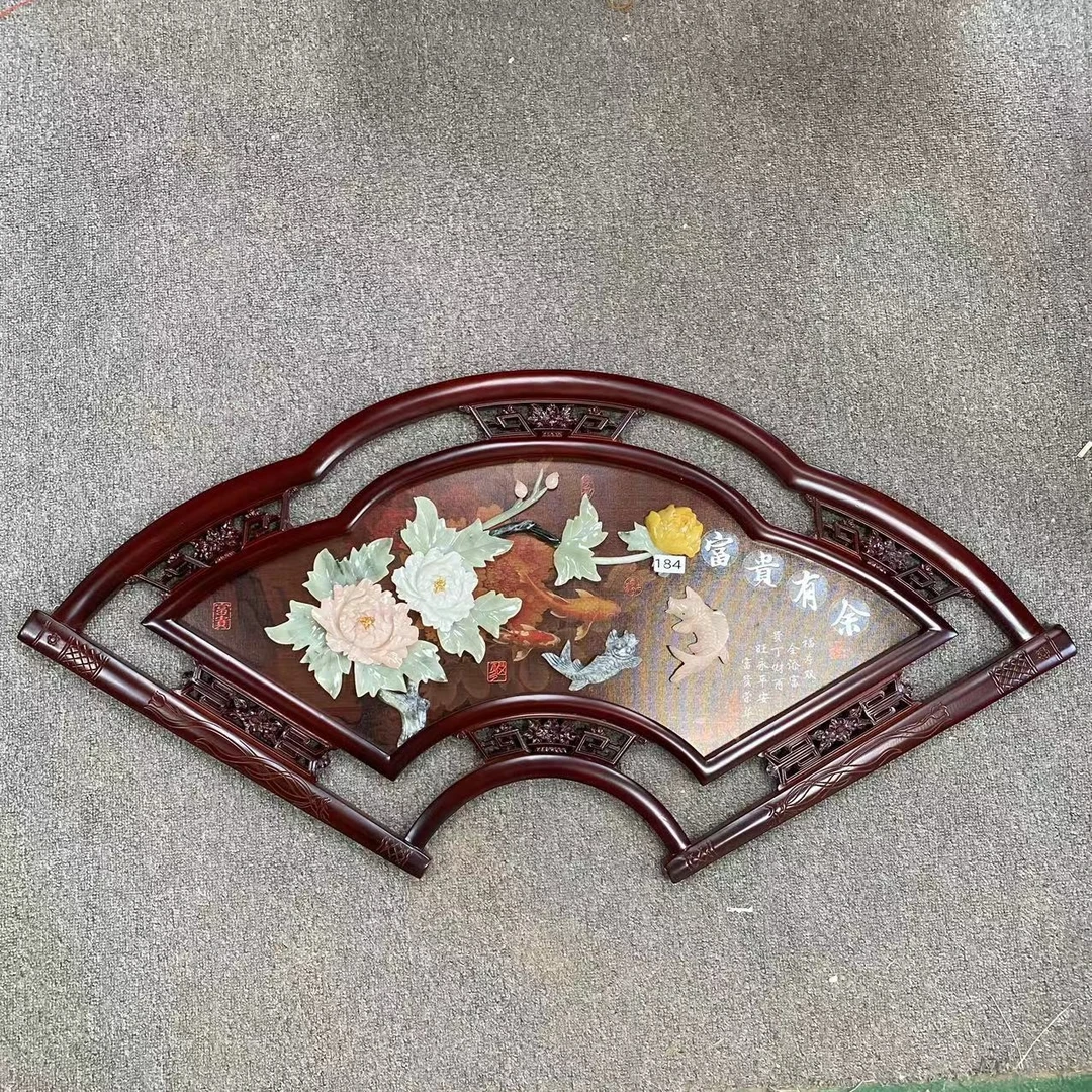 【富贵有余】118*58小扇形双框163实木边框玉雕画天然玉石滑石玉