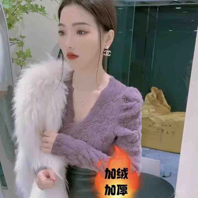 加绒加厚蕾丝打底衫女秋冬款磨毛泡泡袖修身显瘦内搭洋气小衫上衣