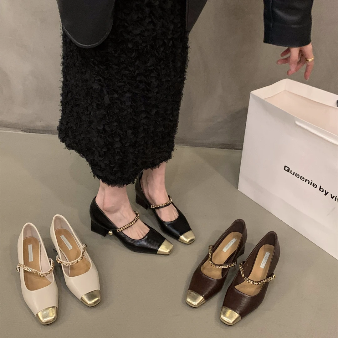 气质百搭法式粗跟温柔一字带浅口拼色玛丽珍高跟鞋C4