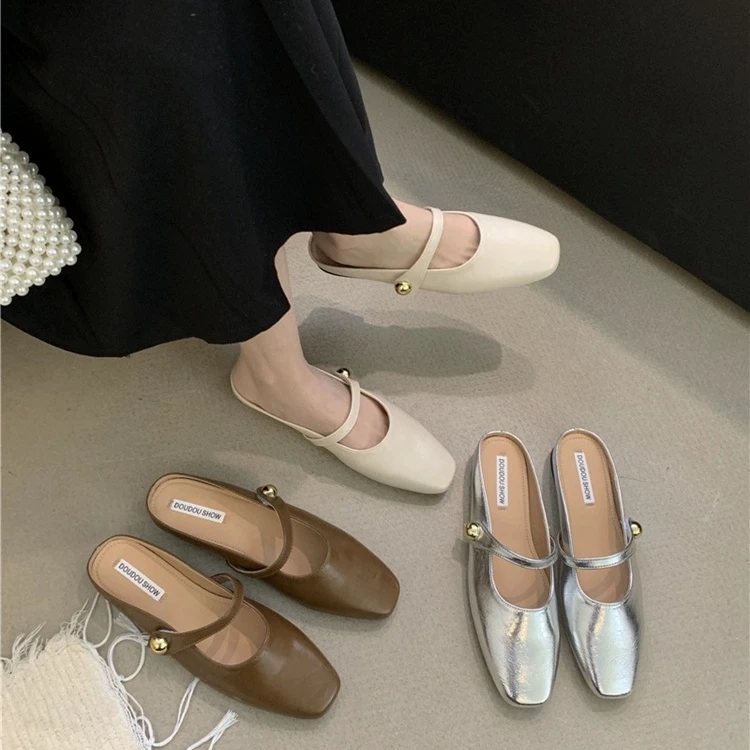 仙女风平底包头半拖鞋魔术贴一脚蹬小香风单鞋M23