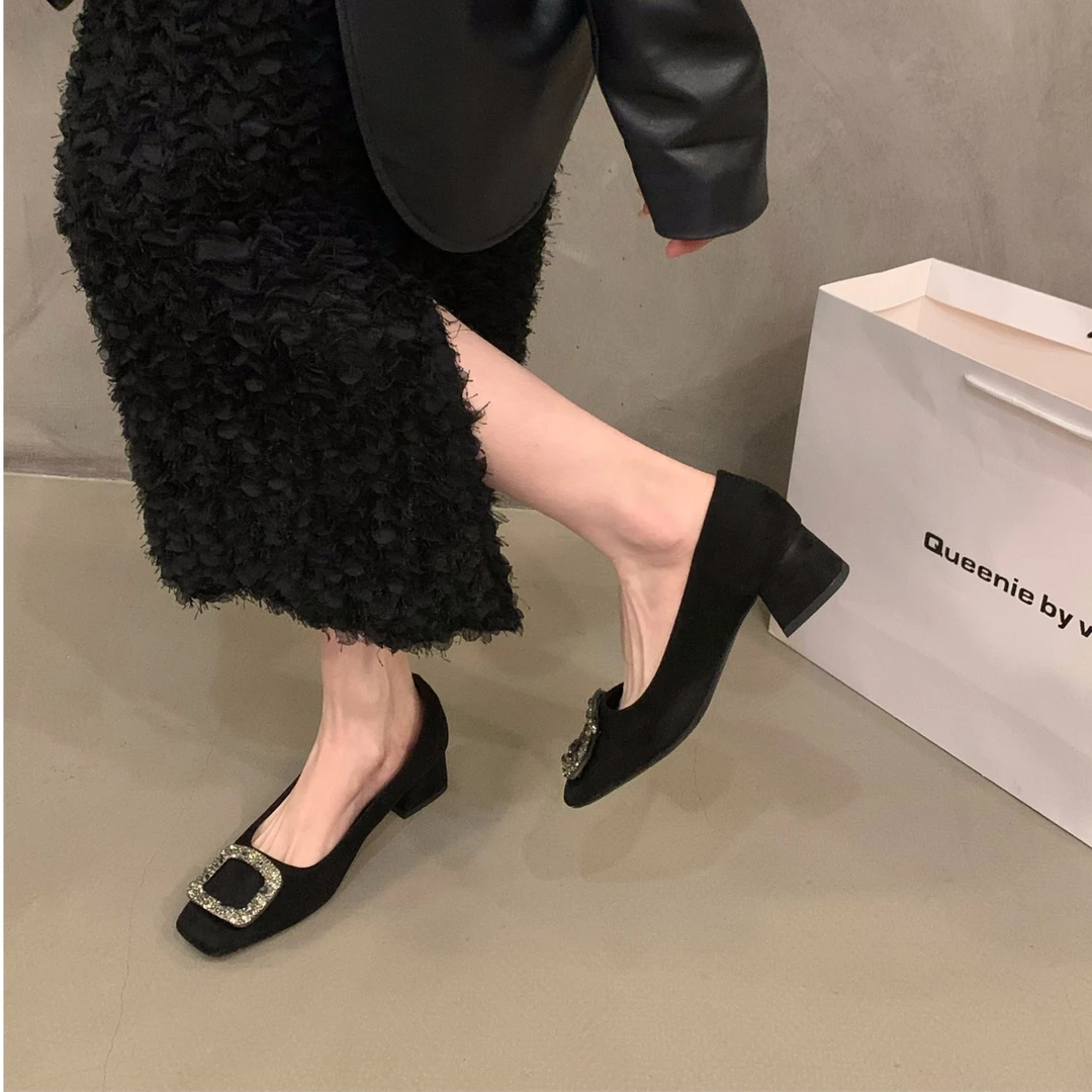 高跟方头水钻高级感单鞋女鞋子黑色气质粗跟通勤鞋G427