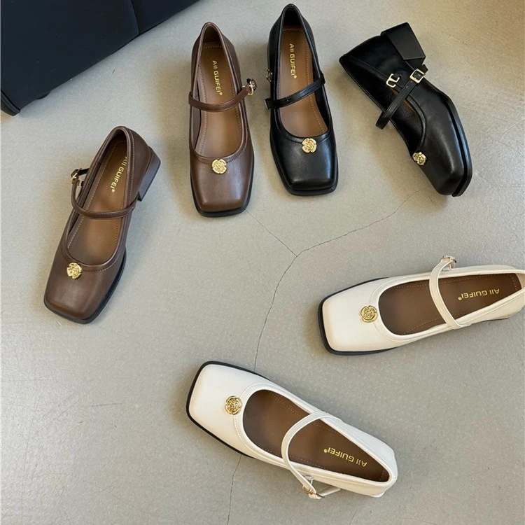 小香风粗跟方头玛丽珍鞋中跟小皮鞋一字带单鞋女鞋G652