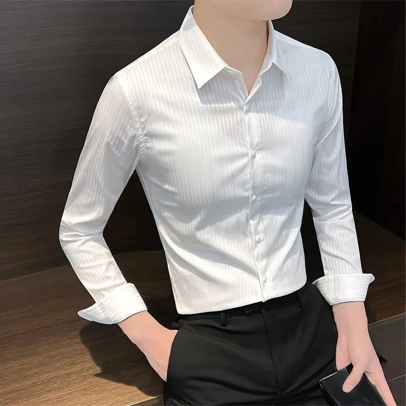 条纹男士衬衫长袖2025新款春秋商务修身英伦雅痞男装休闲白色衬衣