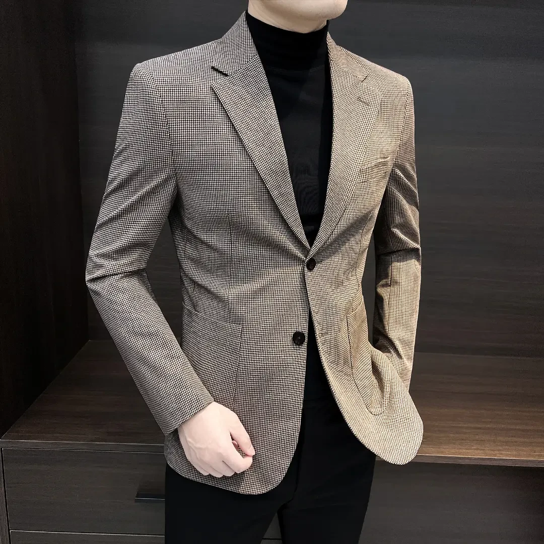 千鸟格西装外套男款爆款2025新款痞帅高级感韩版修身男士休闲西服