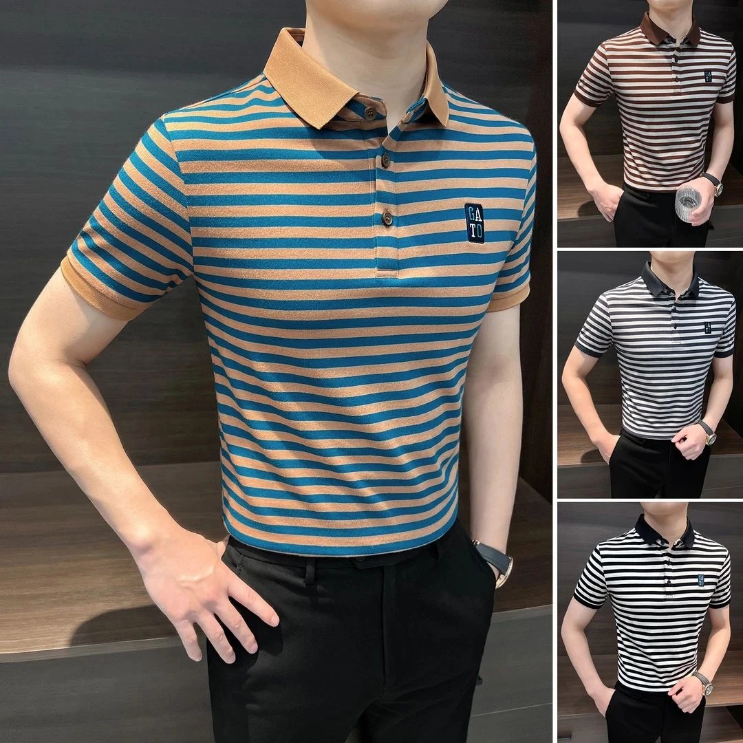 刺绣条纹polo衫男短袖2025新款爆款夏季冰丝商务轻奢撞色t恤男款