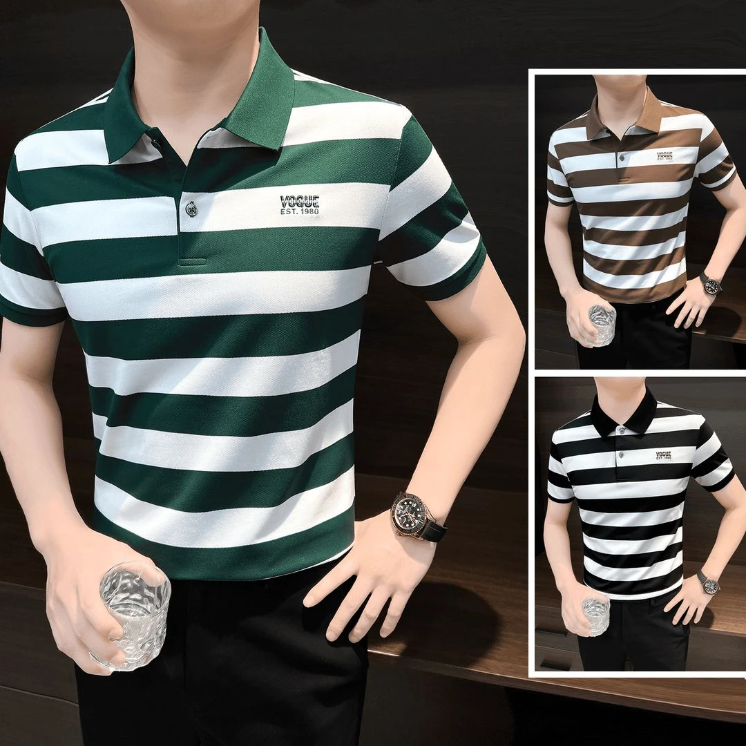 条纹刺绣Polo衫男款痞帅高级感休闲男装夏季拼色男士冰丝短袖t恤