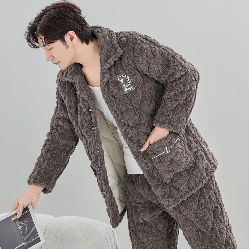 珊瑚绒睡衣男士秋冬季加厚加绒三层夹棉袄套装保暖家居服冬天款