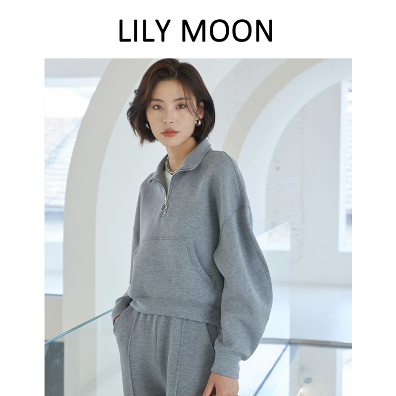Lilymoon【现货】秋冬纯色休闲宽松上衣香蕉法棍空气层翻领长袖卫衣