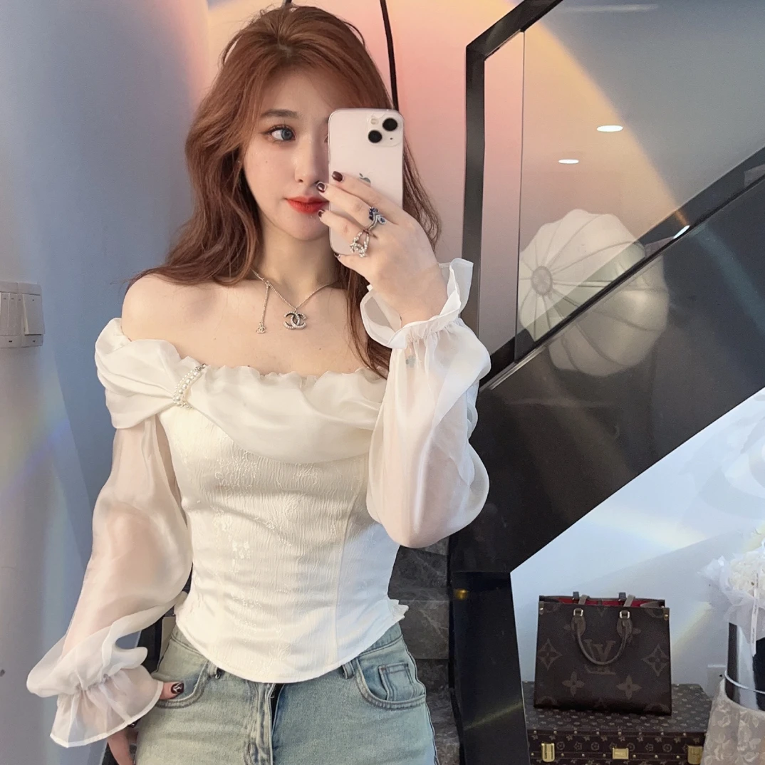 （海狮）气质优雅小女人云朵领小衫(配珍珠链)显瘦长袖白色高腰法式