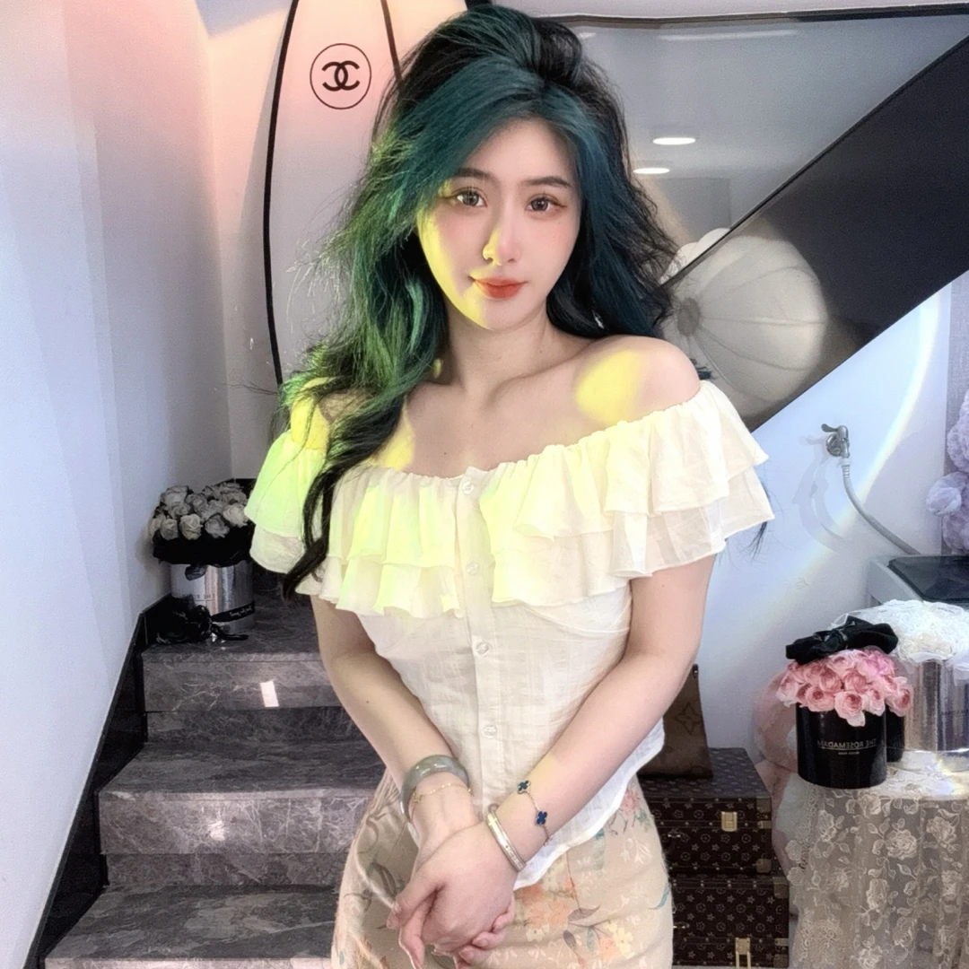 （海狮）杏色法式短袖衬衫2024新款夏季荷叶边小衫一字肩洋气