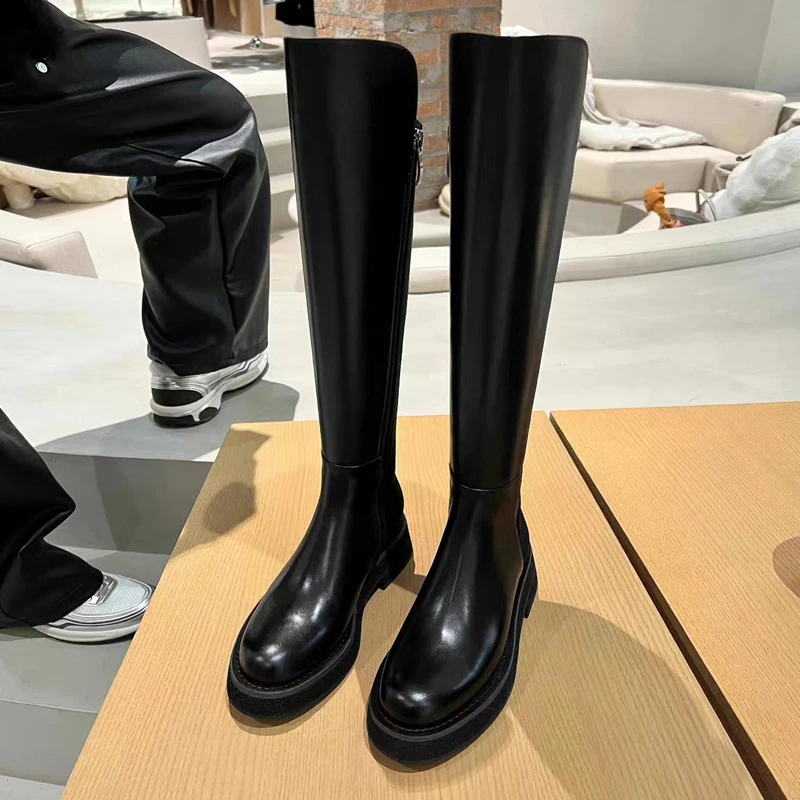 万达撤柜真皮2025秋冬新款厚底小个子长筒靴弹力骑士靴女厚底高筒