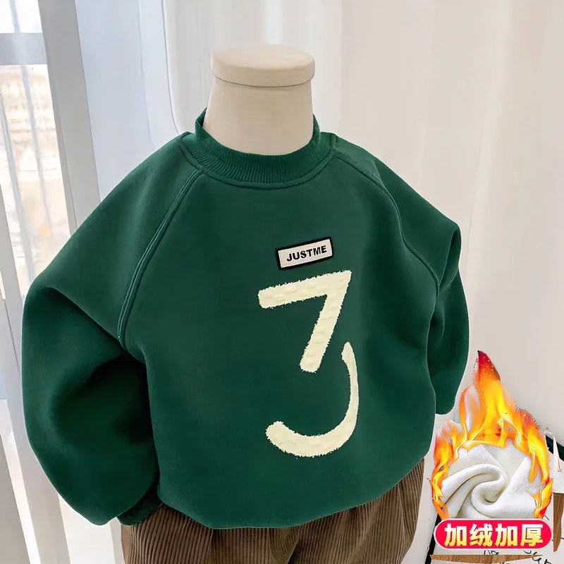 秋冬季儿童加绒加厚童装保暖卫衣中小童宝宝休闲上衣潮流团长圆领