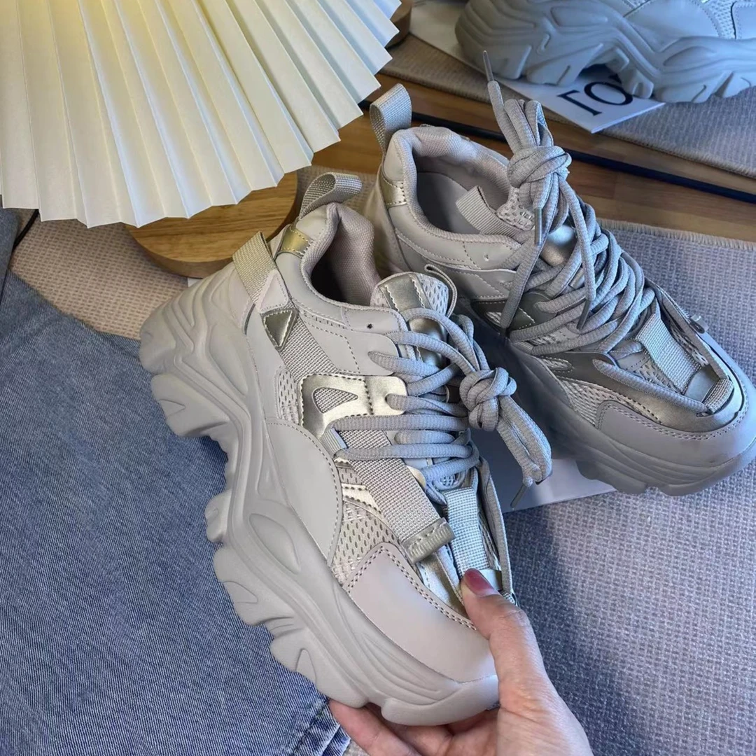 真皮网面厚底老爹鞋女2022秋季新款小个子增高运动休闲鞋百搭系带