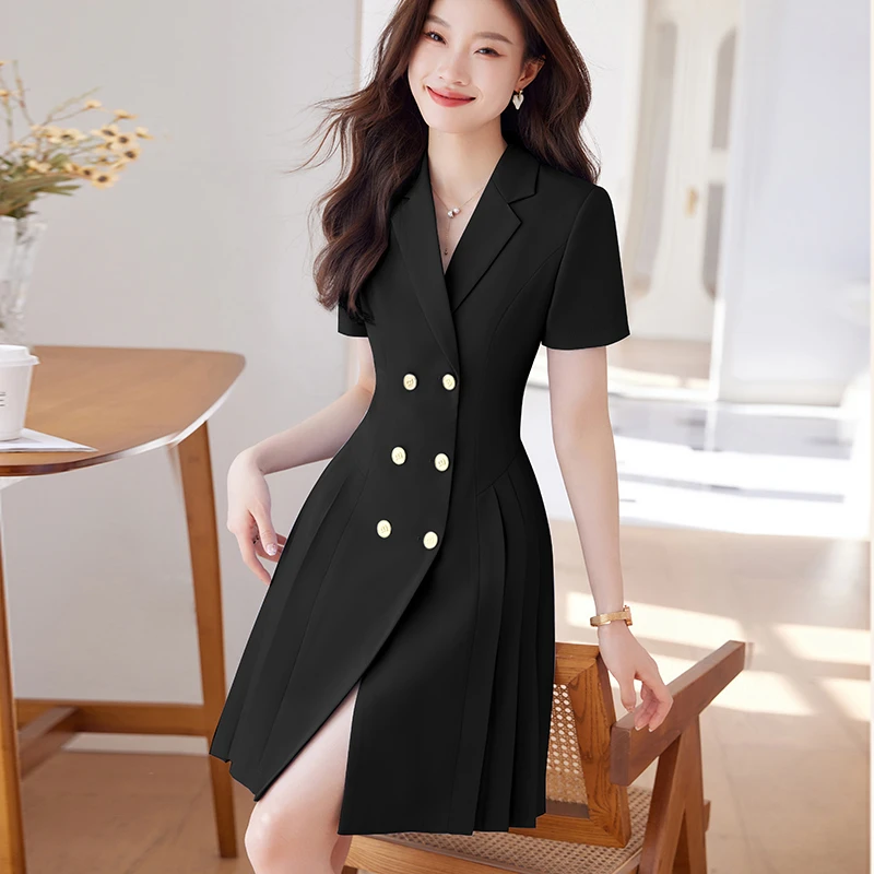 收腰显瘦黑色短袖西装连衣裙女夏季薄款女神范气质职业裙子百褶裙