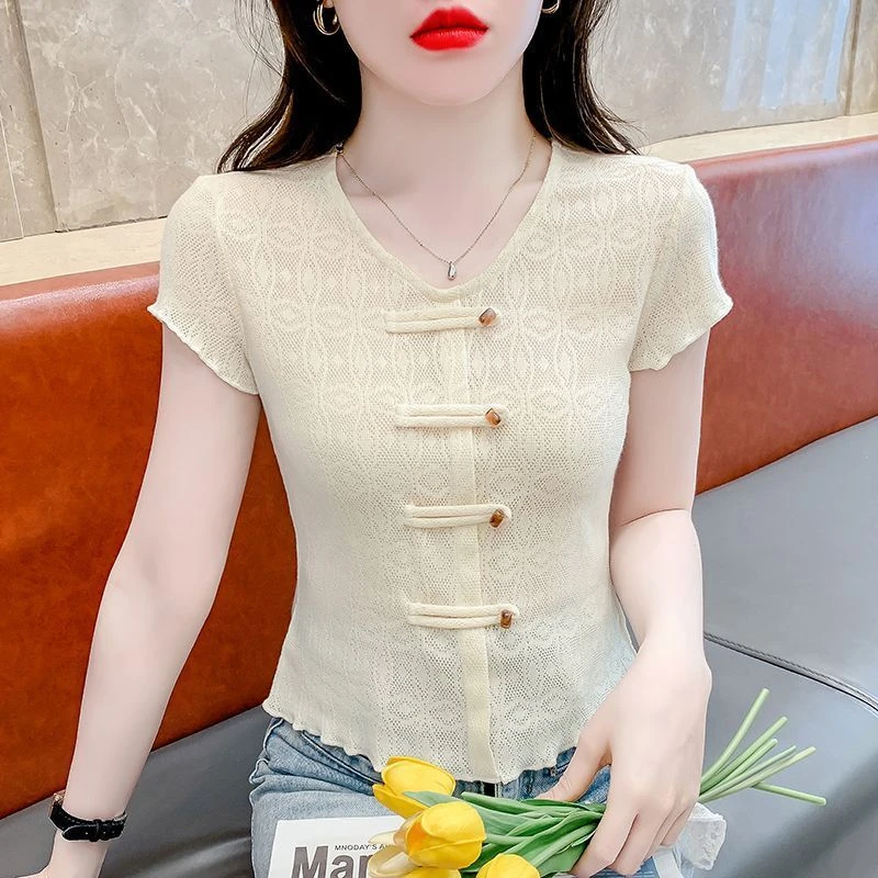 镂空短袖t恤女2024新款爆款夏季国风女装独特别致短款新中式上衣
