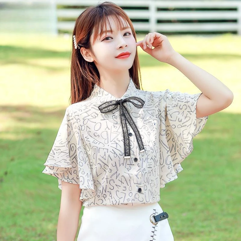 夏装短袖雪纺小衬衫夏季女装2022年新款时尚洋气漂亮碎花上衣2024