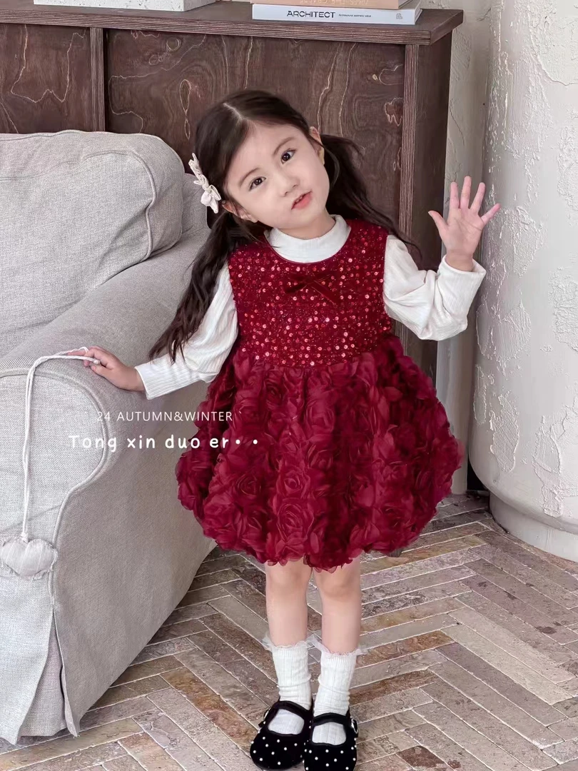 秋冬新款儿童洋气公主裙子宝宝礼服生日蓬蓬纱裙加绒加厚两件套