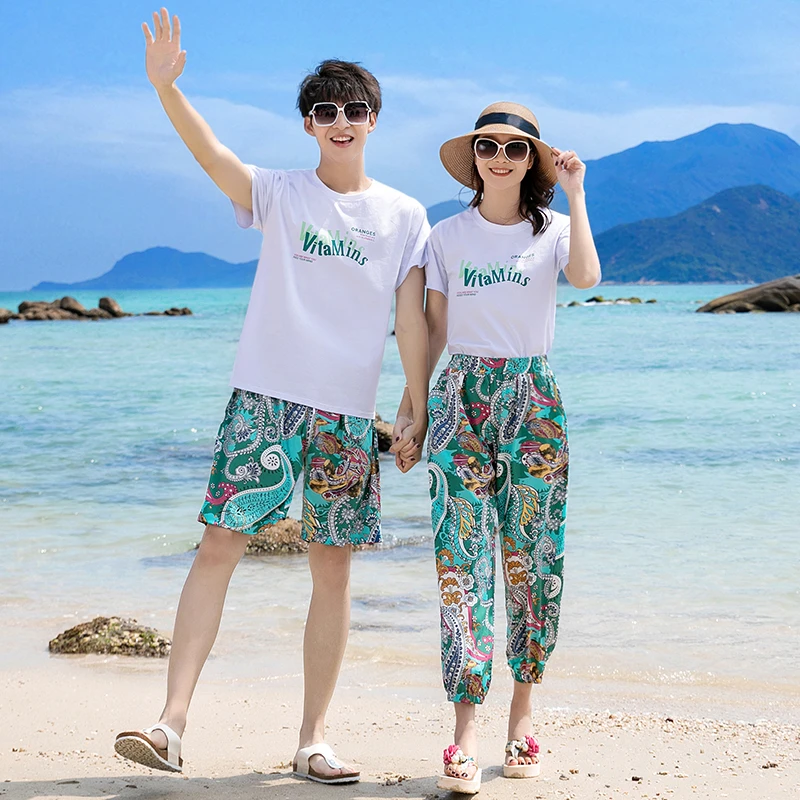 情侣装夏装民族风九分裤短袖套装男短裤沙滩裤时尚亲子休闲度假装