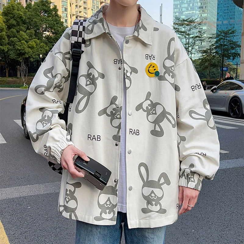 青少年学生春秋季牛仔衬衫外套百搭宽松潮流痞帅港风帅气印花夹克