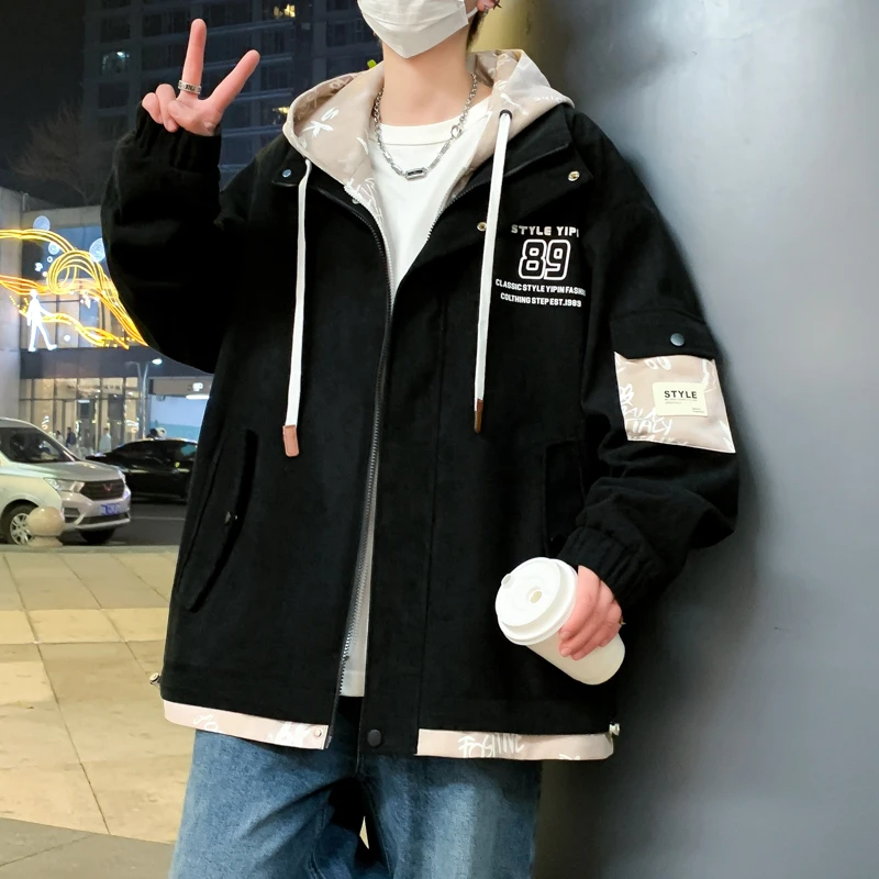 青少年假两件连帽夹克男春秋季宽松潮流外套