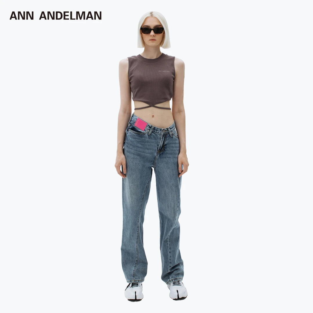 ANN ANDELMAN【五折】25春夏裤粉色皮牌扭曲高腰牛仔裤女
