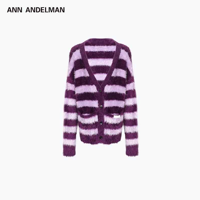 ANN ANDELMAN【商场同款新品】25春夏条纹毛织开衫V领条纹针织衫